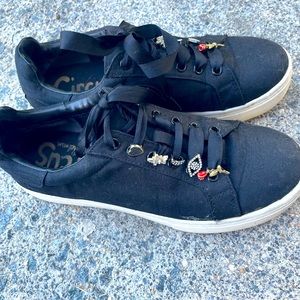 SAM EDELMAN CIRCUS SATIN BLACK SNEAKERS WITH CRYSTAL ENAMEL ACCENTS ON LACE 8.5